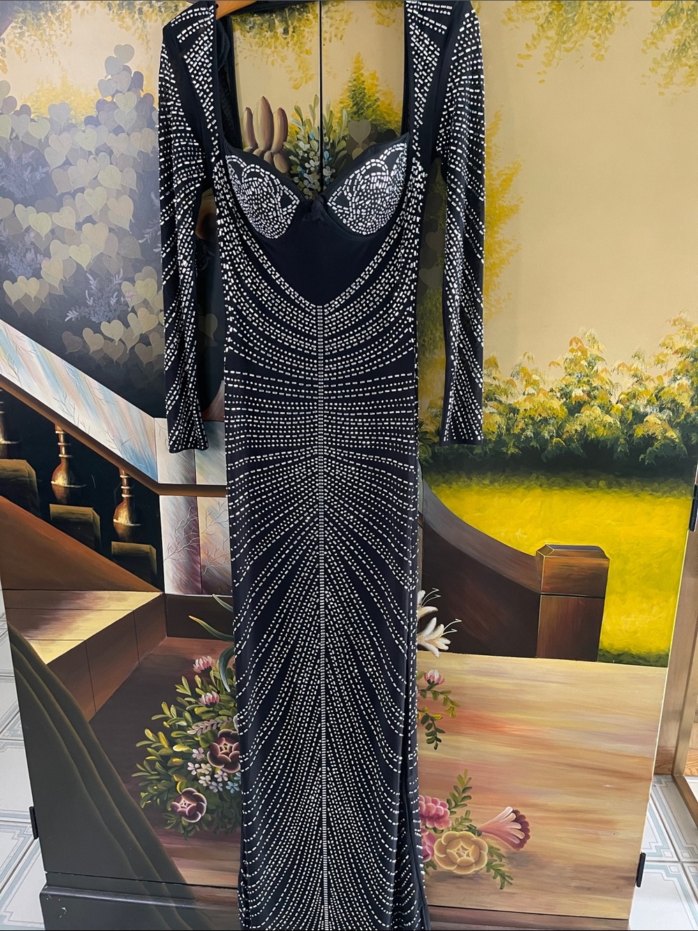 Black Long-Sleeve Beaded Evening Dress small